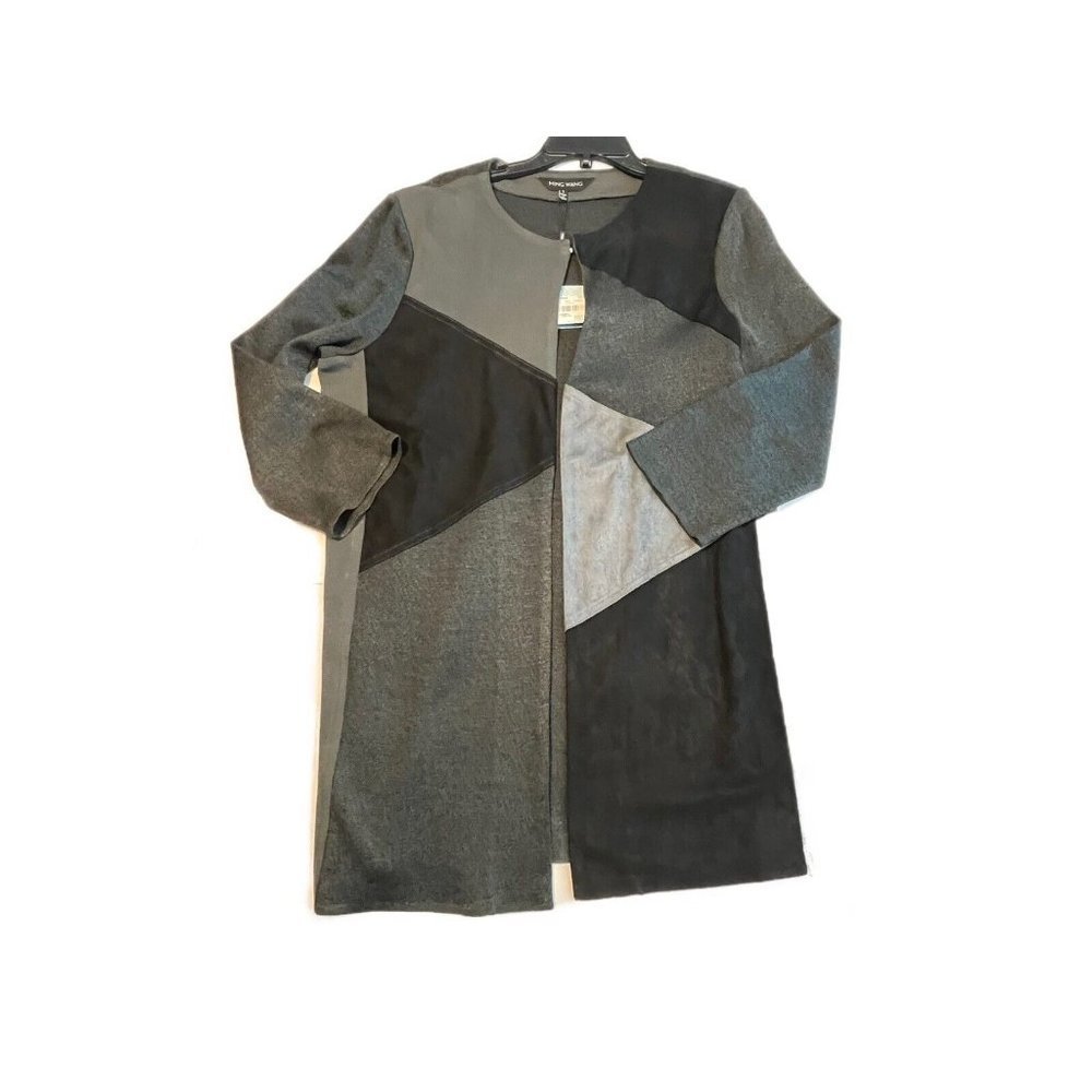 New Nwt Large Ming Wang Cardigan Sweater Black Gray Geometric Blocks Faux Suede